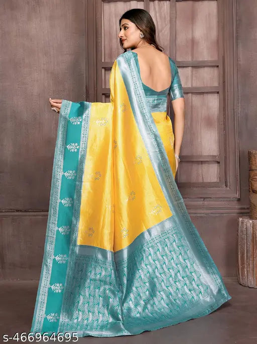 Janasya Women's Yellow Silk Blend Checked Woven Design Jacquard Border Saree with Blouse Piece