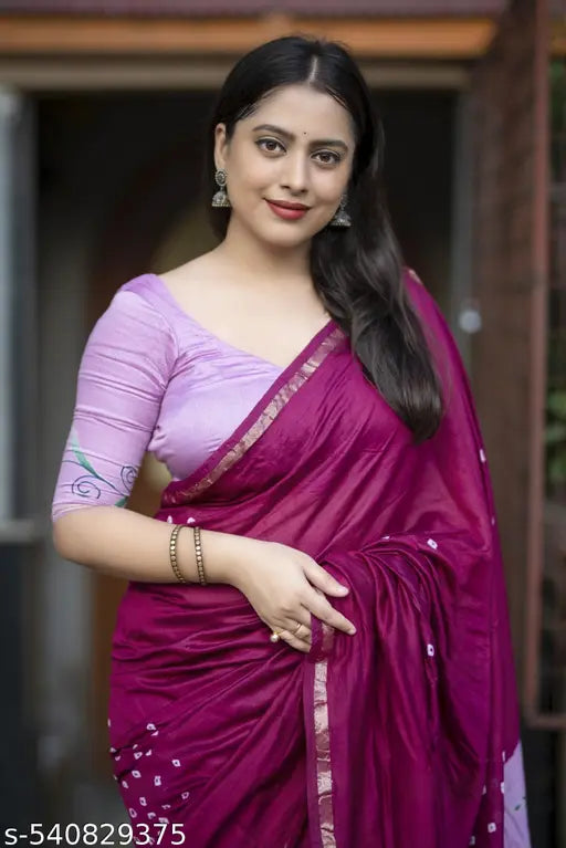 Pure Chanderi Cotton Saree with Zari Pattu Border & Hand-Painted Bandhani Pallu. || Chanderi Saree with Bandhani Tie-Dye, Hand-Painted Pallu & Tassels  || Chanderi Cotton Saree with Zari Border & Matching Hand-Painted Blouse