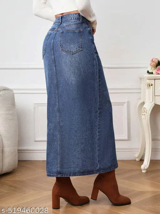 coral denim blue long skirt