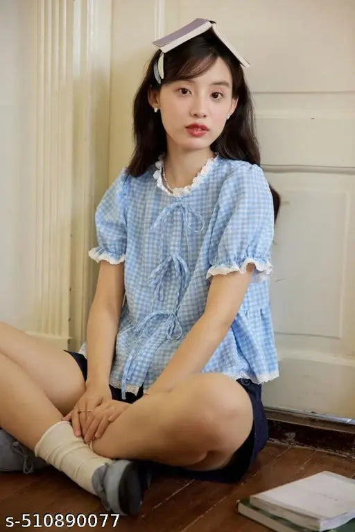 Trendy Women's Summer Plaid Shirt Bow Tie Front Cute Puff Sleeve Peplum Ruffle Babydoll Blouse Lace Up Summer Going Out