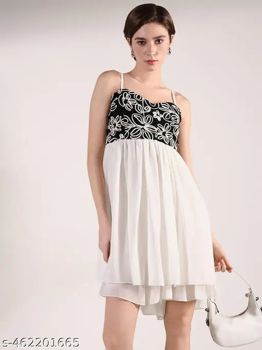 Women's White Solid Fit and Flare Dress