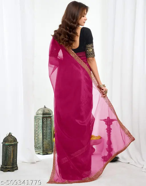 SATRANI Net Pink Saree with Velvet Blouse