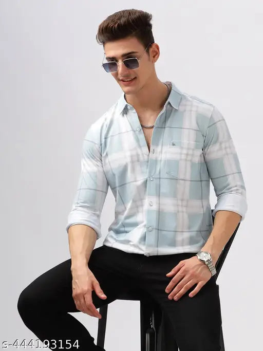 Bullmer Men's Checked Regular Spread Collar Blue Shirts