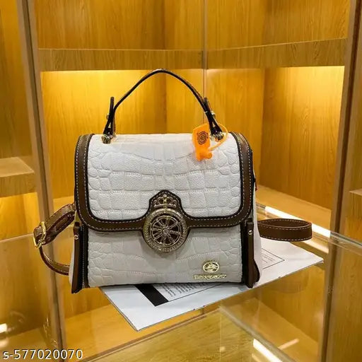 Fantastiqo Luxury Croc-Patterned Top-Handle Bag with Decorative Wheel Clasp-White