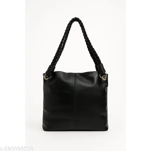 Black Braided Handle Slouch Tote with Charm Pouch