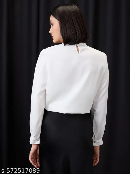 Globus Women White Gold Chain Detail High Neck Cuffed Sleeves Pleated Workwear Top