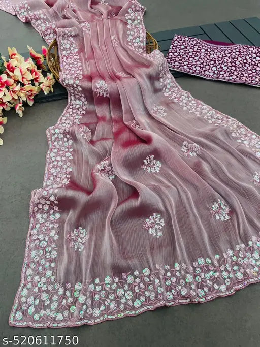 Pure JimiChu Saree Sateen Benglori Silk Blouse And C-Pallu Work With Fancy Thread Work With Sequence Work