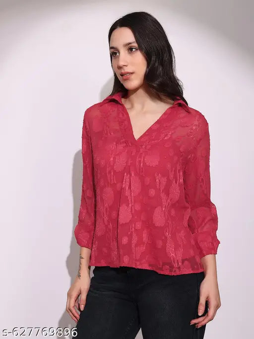 Globus Women Red Collared V-Neck Long Roll-Up Sleeves Floral Self Design Casual Top
