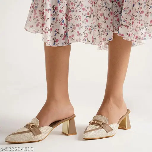 JM Looks Women’s Designer Pointed-Toe Mules with Metal Detail – Slip-On Block Heel Sandals for Office & Casual Use.