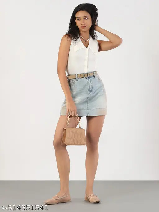 SHOWOFF Women's Solid Shirt Collar Cream Fitted Top