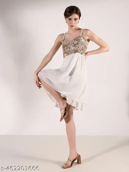 Women's White Solid Fit and Flare Dress