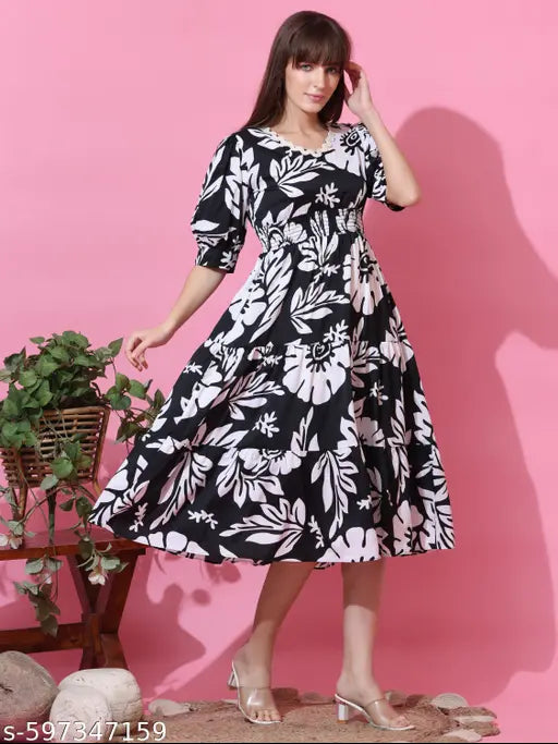 Sheetal Associates Black & White Floral Printed Smocked Waist Fit & Flare Midi Dress