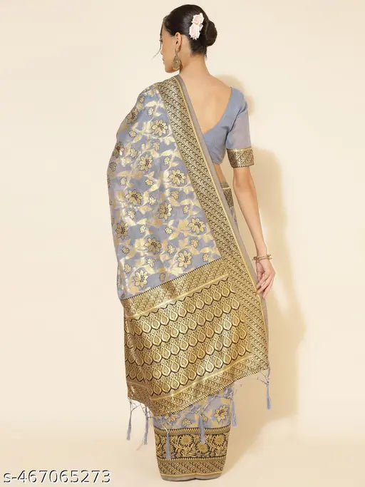 Janasya Women's Grey Chanderi Silk Floral Saree with Unstitched Blouse Piece