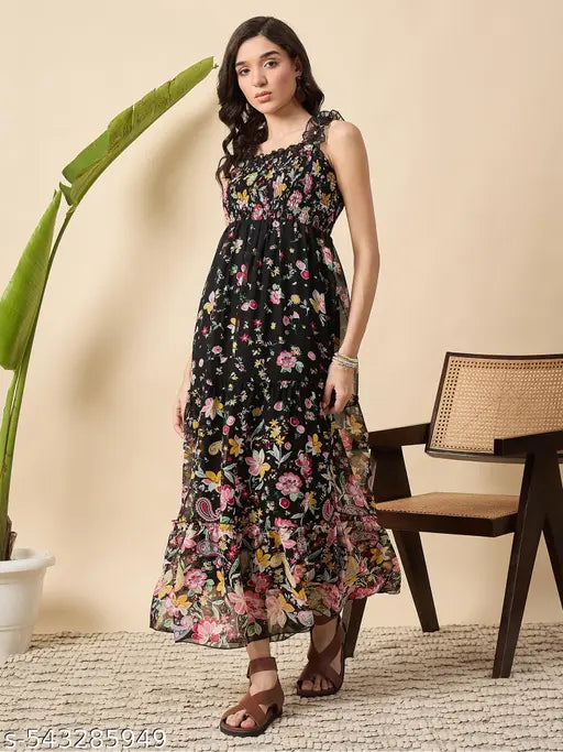 Floral Print Maxi Dress, Smocked Bodice, Ruffle Straps, Black with Multi-Colour Flowers