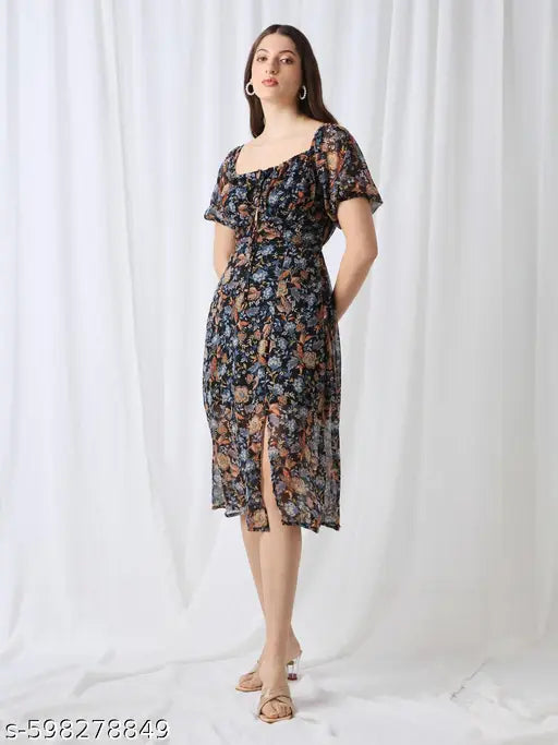 Globus Women Blue Square Neck Puff Sleeves Floral Print Tie-Up Detail Fit & Flare Midi Dress