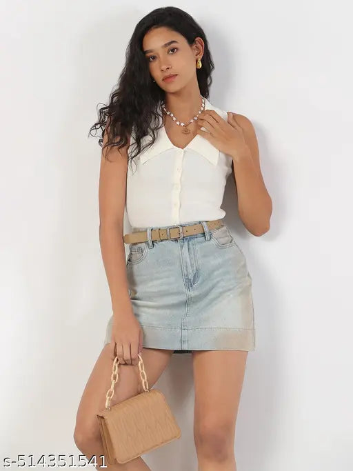 SHOWOFF Women's Solid Shirt Collar Cream Fitted Top