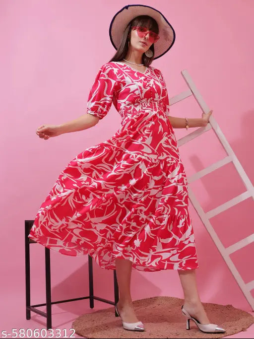 Honky Tonky Pink & White Abstract Printed Fit & Flare Midi Dress
