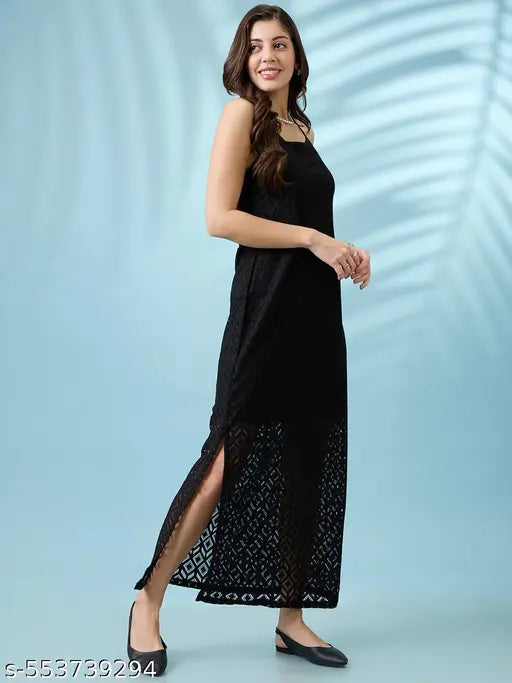 Globus Women Black Crochet Geometric Pattern Strappy Sleeves Side Slit Sheath Maxi Dress