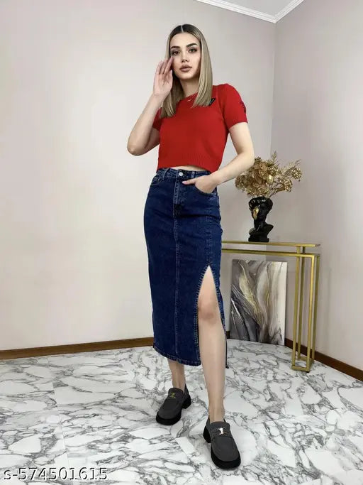 CORAL Women’s High-Waist A-Line Denim Skirt with Front Slit – Stylish Casual Midi Skirt with Pockets