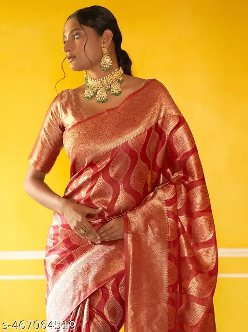 Janasya Women's Red Organza Woven Ethnic Motifs Saree with Unstitched Blouse Piece