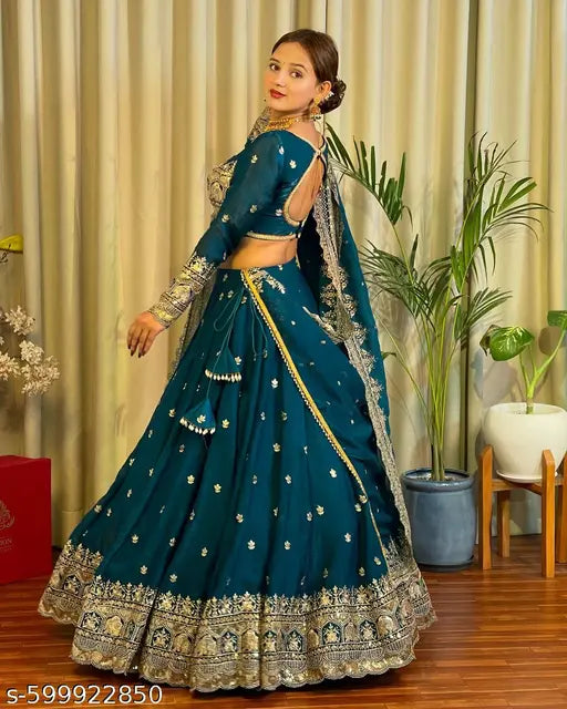NEW WOMEN LEHENGA CHOLI WITH HEAVY EMBROIDERY THREAD SAQUENCED WORK