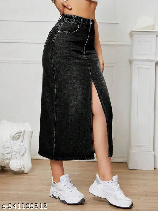 H&H Premium dark  BLACK Whisker Midi DENIM Skirt