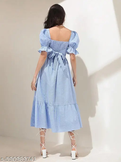 Honky Tonky Blue Striped Puff Sleeve Maxi Dress with Tie-Back
