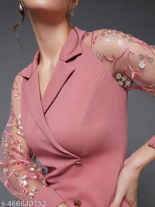 Miss Chase  Women's Dusty Pink & Golden Solid Embroidered Double Breasted Knee Length Dress