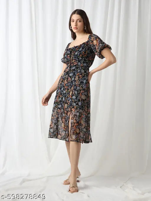 Globus Women Blue Square Neck Puff Sleeves Floral Print Tie-Up Detail Fit & Flare Midi Dress