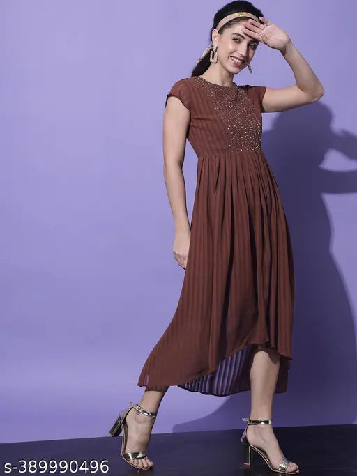 Slenor Women's Solid Round Neck Maroon Dresses