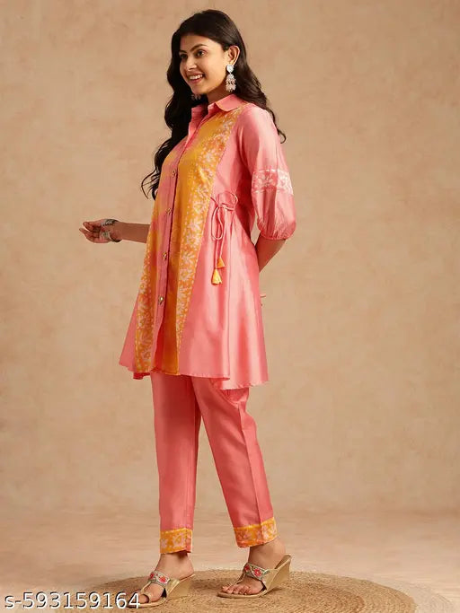 Vbuyz Women'S Pink Batik Print A-Line Chanderi Stiched Kurta With Pant