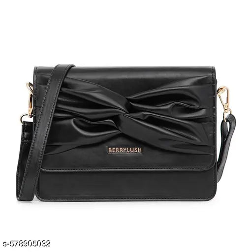 Berrylush Women Solid Black Synthetic Leather Detachable Strap Button-Up Twisted Front Embellished Regular Sling Bag
