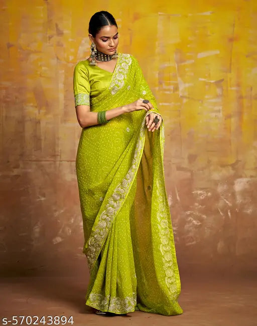 SATRANI Georgette Green Saree with Silk Blouse