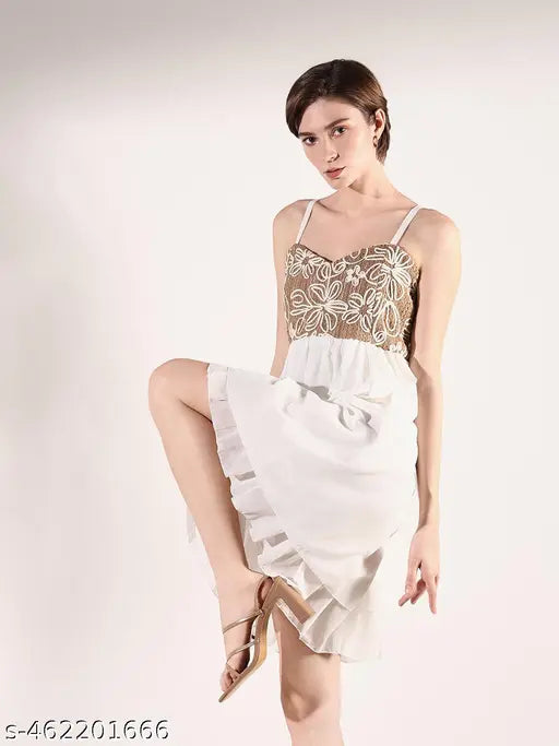 Women's White Solid Fit and Flare Dress