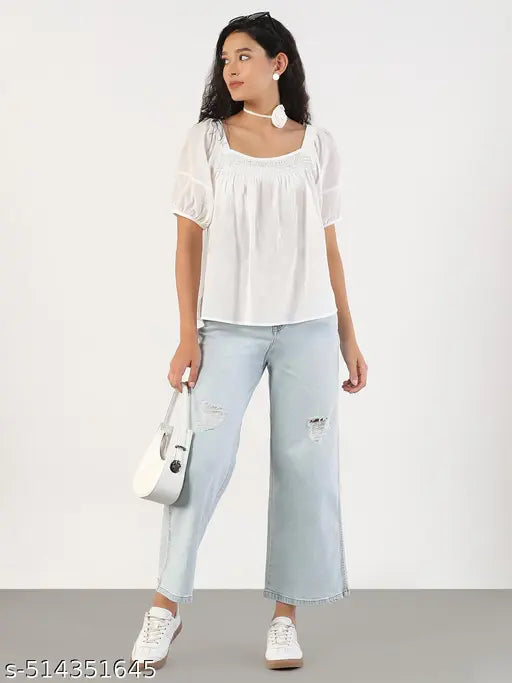 SHOWOFF Women's Solid Square Neck White Top with Flower Bow