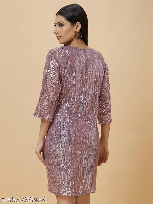 Globus Women Pink Embellished V-Neck Midi Bodycon Dress with Twist Waist Detail