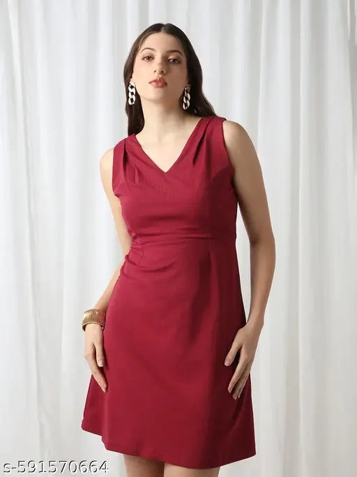 Globus Women V-Neck Sleeveless Self Design Pleated Detail Mini Fit & Flare Dress