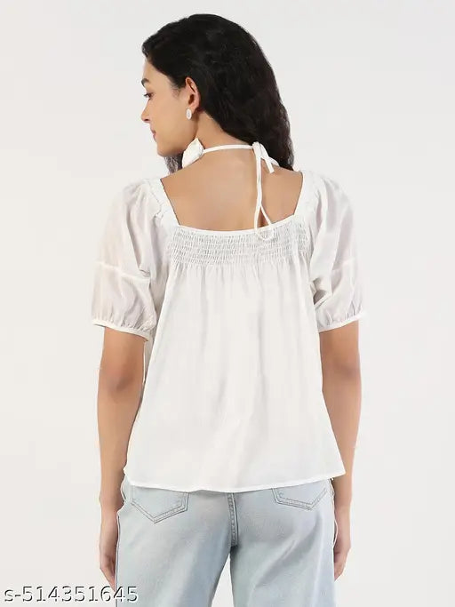 SHOWOFF Women's Solid Square Neck White Top with Flower Bow