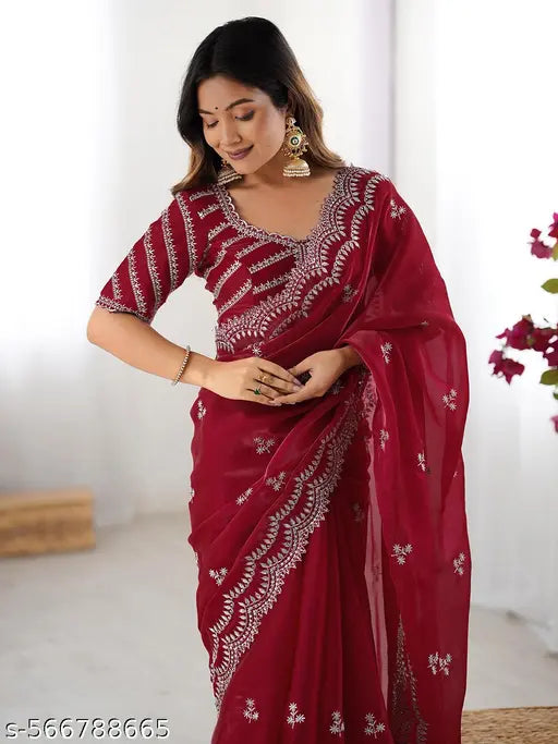 SATRANI Tissue Silk Red Saree with Tissue Silk Blouse