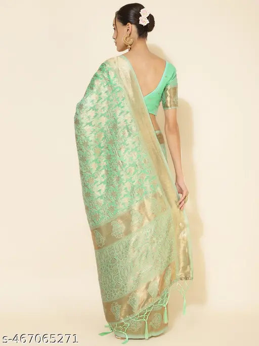 Janasya Women's Light Green Chanderi Silk Floral Saree with Unstitched Blouse Piece