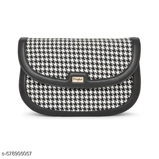 Berrylush Women Black & White Houndstooth Printed Fabric Detachable Strap Button-Up Regular Sling Bag