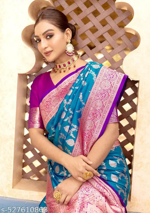 Women's Banarasi Satin Silk Zari Weaving Saree With Unstitched Blouse Piece