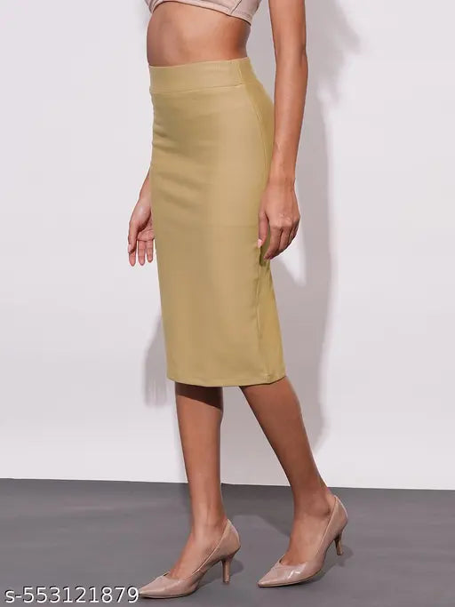 Globus Women Camel Stretchable High-Rise Back Slit Midi Workwear Pencil Skirt