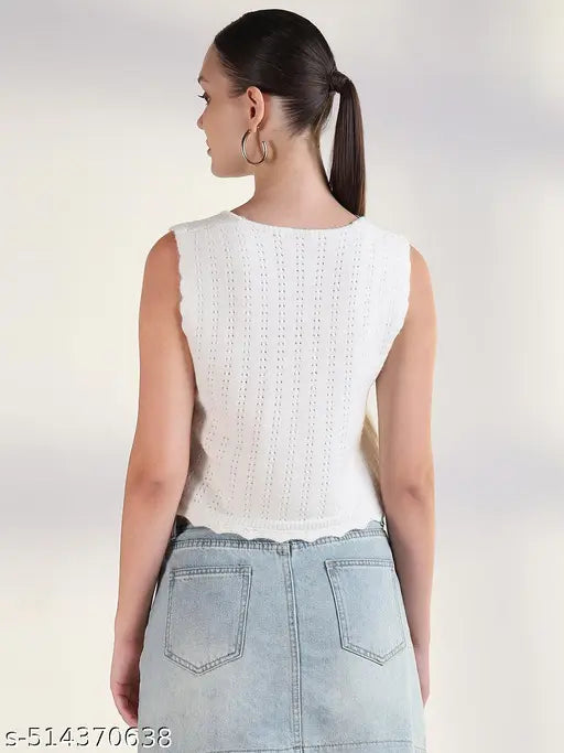 SHOWOFF Women's White V-Neck Solid Crop Top