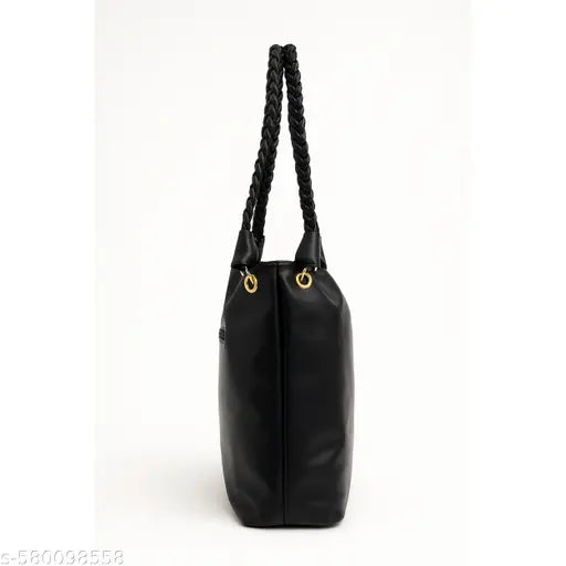 Black Braided Handle Slouch Tote with Charm Pouch