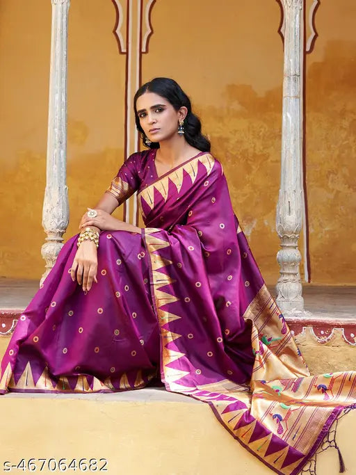 Janasya Women's Wine Paithani Silk Ethnic Motifs Saree with Unstitched Blouse Piece