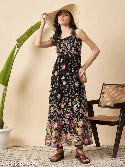 Floral Print Maxi Dress, Smocked Bodice, Ruffle Straps, Black with Multi-Colour Flowers