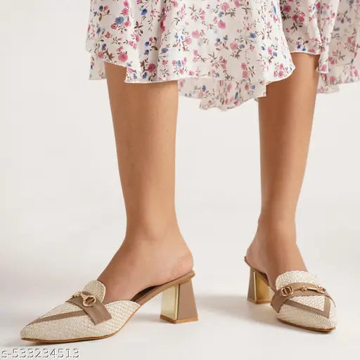 JM Looks Women’s Designer Pointed-Toe Mules with Metal Detail – Slip-On Block Heel Sandals for Office & Casual Use.