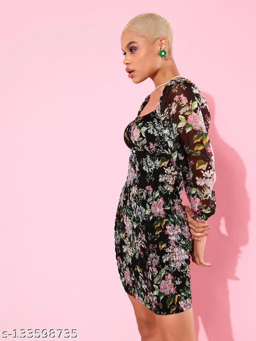 Women Stunning Black Floral Bustier Dress