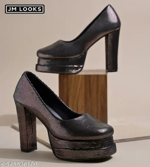 JM LOOKS Women's Chunky Block Heel with Platform Heeled Sandal Glossy Finish Comfortable Stylish for Prom Party - Gummetal
